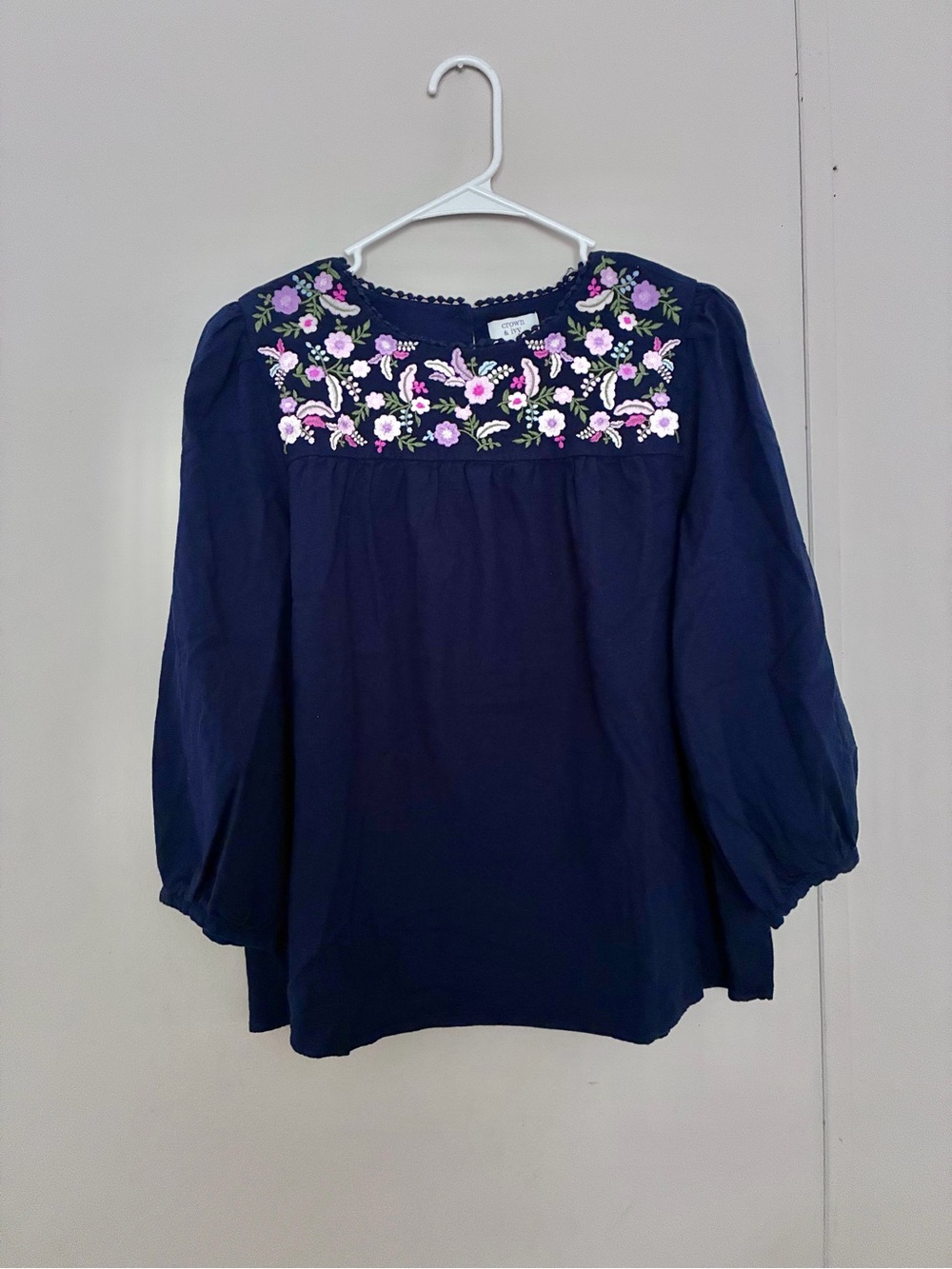 crown & ivy Navy Blouse with Pink Floral Embroidery